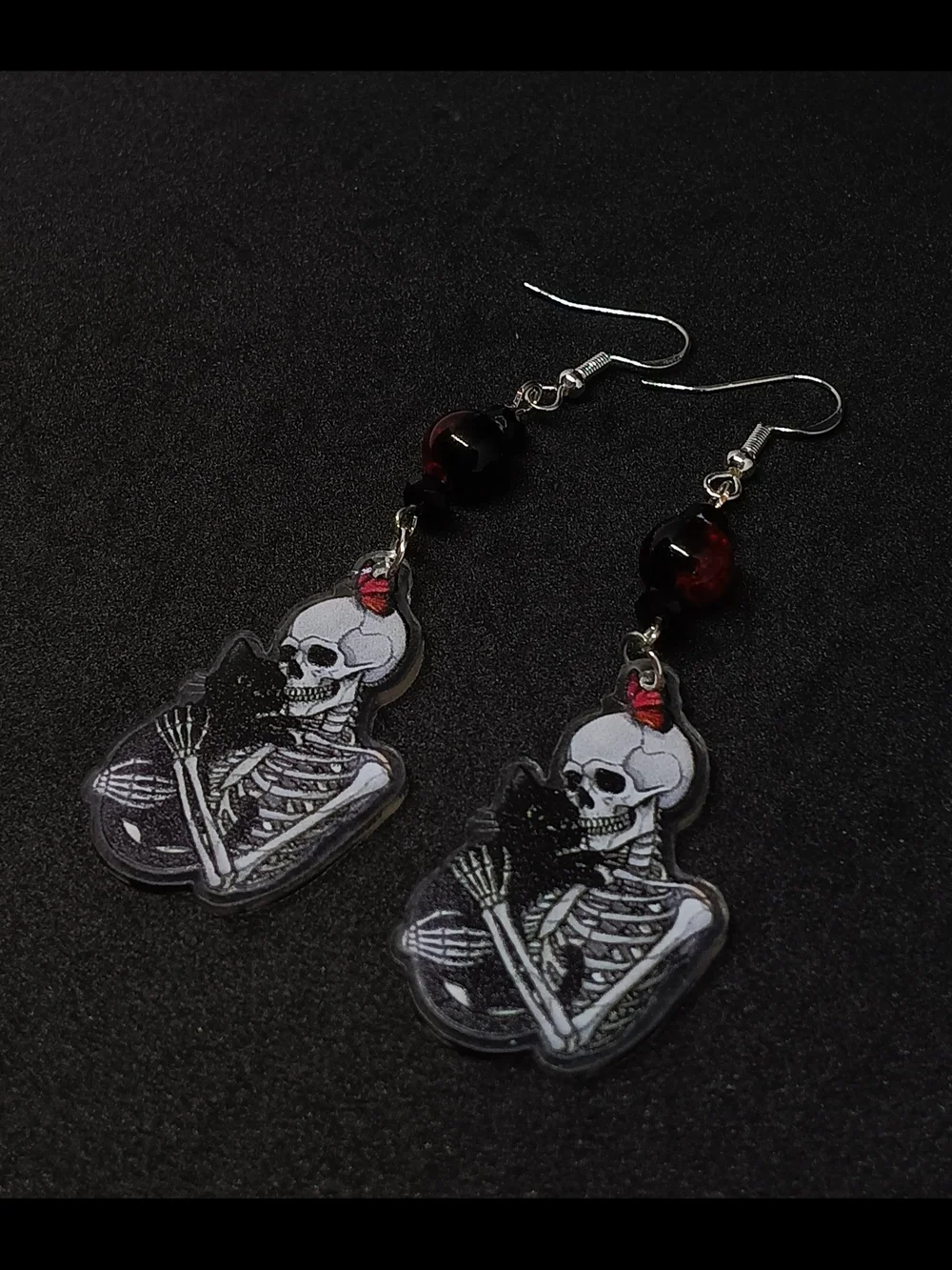 Skeleton & Cat Dangle Earrings - Red and Black
